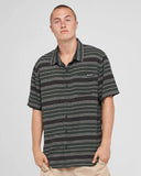 The Mad Hueys Hueys Stripe SS Woven Shirt in Pine Green front view showing the button up closure custom stripe print and chest pocket, sold by Point Break Cambridge local family surf shop at 63 Duke street.