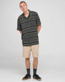 The Mad Hueys Hueys Stripe SS Woven Shirt in Pine Green front view showing the button up closure custom stripe print and chest pocket, sold by Point Break Cambridge local family surf shop at 63 Duke street.