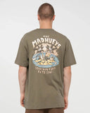 The Mad Hueys Metal Searchin SS Tee in Olive green back view showing the relaxed straight silhouette and bold oversized custom graphic artwork print, sold by Point Break Cambridge local family surf shop at 63 Duke street.