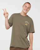 The Mad Hueys Metal Searchin SS Tee in Olive green front view showing the comfortable ribbed crew neck and signature chest brand graphic logo print, sold by Point Break Cambridge local family surf shop at 63 Duke street.