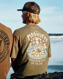 The Mad Hueys Metal Searchin SS Tee in Olive green back view showing the relaxed straight silhouette and bold oversized custom graphic artwork print, sold by Point Break Cambridge local family surf shop at 63 Duke street.