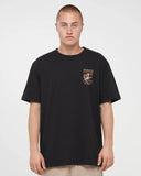 The Mad Hueys Plank Captain Cooked SS Tee in Black front view showing the comfortable ribbed crew neck and signature chest brand graphic logo print, sold by Point Break Cambridge local family surf shop at 63 Duke street.