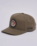The Mad Hueys Shield Fk Off Twill Snapback in Olive green side profile view showing the clean eyelet vents and flat brim profile, sold by Point Break Cambridge local family surf shop at 63 Duke street.