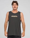 The Mad Hueys Surfing Hueys Tank in Vintage Black front view showing the comfortable scoop neck sleeveless design and signature chest brand graphic logo print, sold by Point Break Cambridge local family surf shop at 63 Duke street.
