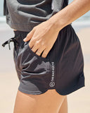 Person wearing black athletic shorts with a brand logo on a blurred beach background