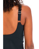 Close up back view of the black TOGS twist swimdress displaying the adjustable straps.