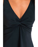Close-up of the twist detail below the V-neckline and supportive thick straps on the black TOGS swim dress.