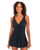 Front view of the TOGS black swim dress twist one piece swimsuit showing the flattering A-line skirt overlay.