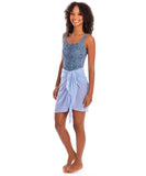 Side profile angle of the Togs Blue Lilac Mesh Sarong Pareo, highlighting the adjustable side tie knot and lightweight silhouette.