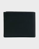 A black textured leather bifold wallet shown closed against a light gray background.