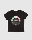 Black t-shirt with a colorful graphic design on a white background. Front view of the black Unit Kids Evolve Tee showing the regular fit, classic crew neck, and white chest graphic print.