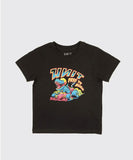 Front view of the black Unit Kids Roam Tee showing the regular youth fit, classic crew neck, and chest graphic print.
