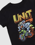 Unit Kids Bush Track Tee in Black close up view highlighting the premium soft cotton knit fabric weave texture and high-density children screen print graphic finish detail, sold by Point Break Cambridge local family surf shop at 63 Duke street.