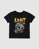 Unit Kids Bush Track Tee in Black front view showing the comfortable ribbed crew neck and bold custom children front graphic logo print, sold by Point Break Cambridge local family surf shop at 63 Duke street.