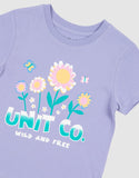 Unit Kids Grow Tee in Lavender purple close up view highlighting the premium soft cotton knit fabric weave texture and high-density children screen print graphic finish detail, sold by Point Break Cambridge local family surf shop at 63 Duke street.