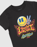 Unit Kids Happy Tee in Washed Black close up view highlighting the premium soft cotton knit fabric weave texture and high-density children screen print graphic finish detail, sold by Point Break Cambridge local family surf shop at 63 Duke street.