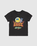 Unit Kids Happy Tee in Washed Black front view showing the comfortable ribbed crew neck and bold custom children front graphic logo print, sold by Point Break Cambridge local family surf shop at 63 Duke street.