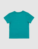 Unit Kids Shine Tee in Persian Teal green back view showing the relaxed straight kids silhouette drape and premium shoulder-to-shoulder structural seam stitching, sold by Point Break Cambridge local family surf shop at 63 Duke street.