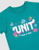 Unit Kids Shine Tee in Persian Teal green close up view highlighting the premium soft cotton knit fabric weave texture and high-density children screen print graphic finish detail, sold by Point Break Cambridge local family surf shop at 63 Duke street.