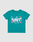Unit Kids Shine Tee in Persian Teal green front view showing the comfortable ribbed crew neck and bold custom children front graphic logo print, sold by Point Break Cambridge local family surf shop at 63 Duke street.