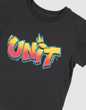 Unit Kids Tagged Tee in Washed Black close up view highlighting the premium soft cotton knit fabric weave texture and high-density children screen print graphic finish detail, sold by Point Break Cambridge local family surf shop at 63 Duke street.