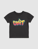 Unit Kids Tagged Tee in Washed Black front view showing the comfortable ribbed crew neck and bold custom children front graphic logo print, sold by Point Break Cambridge local family surf shop at 63 Duke street.