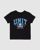 Unit Kids Track Tee in Black front view showing the comfortable ribbed crew neck and bold custom children front graphic logo print, sold by Point Break Cambridge local family surf shop at 63 Duke street.