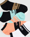 Unit Ladies Socks Bamboo Invisible Equip Multi pack close up view highlighting the soft bamboo knit fabric texture and internal non slip silicone heel grips, sold by Point Break Cambridge local family surf shop at 63 Duke street.