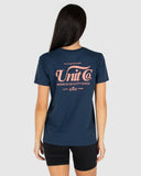 Unit Ladies Parker Tee in Navy blue back view showing the relaxed straight silhouette drape and premium shoulder-to-shoulder structural seam stitching, sold by Point Break Cambridge local family surf shop at 63 Duke street.