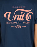 Unit Ladies Parker Tee in Navy blue close up view highlighting the premium soft cotton knit fabric weave texture and high-density screen print graphic finish detail, sold by Point Break Cambridge local family surf shop at 63 Duke street.