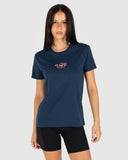 Unit Ladies Parker Tee in Navy blue front view showing the comfortable ribbed crew neck and bold custom front graphic design layout, sold by Point Break Cambridge local family surf shop at 63 Duke street.