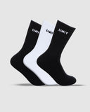 Unit Mens Cotton Crew Socks 3Pk in Multi colour assortment front view showing the classic crew height rise and knit structural jacquard brand logo placement, sold by Point Break Cambridge local family surf shop at 63 Duke street.