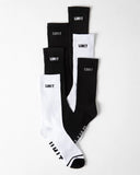 Unit Mens Cotton Crew Socks 5Pk in Black front view showing the classic crew height rise and knit structural jacquard brand logo placement, sold by Point Break Cambridge local family surf shop at 63 Duke street.