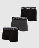 Unit Mens Cotton Short Trunk Underwear 3Pk in Black front view showing the comfortable supportive contoured pouch alignment and custom branded plush elastic waistband layout, sold by Point Break Cambridge local family surf shop at 63 Duke street.