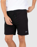 Unit Mens Boulevard Track Shorts in Black front view showing the comfortable elastic waistband adjustment drawcord and bold custom graphic logo print layout, sold by Point Break Cambridge local family surf shop at 63 Duke street.