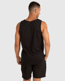 Unit Mens Case Singlet in Black back view showing the relaxed straight silhouette drape clean shoulder blade paneling and flat lock perimeter lower hemline stitching layouts, sold by Point Break Cambridge local family surf shop at 63 Duke street.