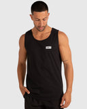 Unit Mens Case Singlet in Black front view showing the comfortable ribbed crew neck deep sleeveless armhole cuts and subtle chest brand graphic logo print, sold by Point Break Cambridge local family surf shop at 63 Duke street.