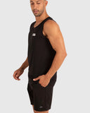 Unit Mens Case Singlet in Black side profile view highlighting the generous active muscle armhole depth comfortable torso length rise and clean straight side seam panel alignments, sold by Point Break Cambridge local family surf shop at 63 Duke street.