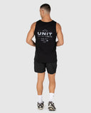 Unit Mens Major Singlet in Black back view showing the relaxed straight silhouette drape clean shoulder blade paneling and flat lock perimeter lower hemline stitching layouts, sold by Point Break Cambridge local family surf shop at 63 Duke street.
