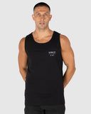 Unit Mens Major Singlet in Black front view showing the comfortable ribbed crew neck deep sleeveless armhole cuts and bold custom brand graphic print, sold by Point Break Cambridge local family surf shop at 63 Duke street.