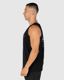 Unit Mens Major Singlet in Black side profile view highlighting the generous active muscle armhole depth comfortable torso length rise and clean straight side seam panel alignments, sold by Point Break Cambridge local family surf shop at 63 Duke street.