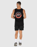 Unit Mens Segment Singlet in Black back view showing the relaxed straight silhouette drape clean shoulder blade paneling and flat lock perimeter lower hemline stitching layouts, sold by Point Break Cambridge local family surf shop at 63 Duke street.