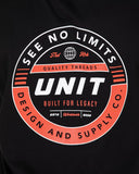 Unit Mens Segment Singlet in Black close up view highlighting the premium soft combed cotton knit fabric weave texture durable collar ribbing and high density segment brand screen print finishes, sold by Point Break Cambridge local family surf shop at 63 Duke street.