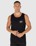 Unit Mens Segment Singlet in Black front view showing the comfortable ribbed crew neck deep sleeveless armhole cuts and striking chest brand graphic layout, sold by Point Break Cambridge local family surf shop at 63 Duke street.