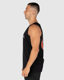 Unit Mens Segment Singlet in Black side profile view highlighting the generous active muscle armhole depth comfortable torso length rise and clean straight side seam panel alignments, sold by Point Break Cambridge local family surf shop at 63 Duke street.