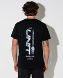 Unit Mens Kinetic Tee back view showing the relaxed straight silhouette drape and premium shoulder-to-shoulder structural seam stitching, sold by Point Break Cambridge local family surf shop at 63 Duke street.