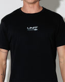 Unit Mens Kinetic Tee front view showing the comfortable ribbed crew neck and bold custom front graphic logo print, sold by Point Break Cambridge local family surf shop at 63 Duke street.