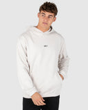 Unit Unisex Central Hoodie in Off White close up view highlighting the premium soft cotton fleece fabric weave internal brushed lining texture and high density screen print graphic detail, sold by Point Break Cambridge local family surf shop at 63 Duke street.