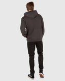 Unit Unisex Central Hoodie in Washed Black back view showing the relaxed straight fleece silhouette and premium double stitched structural shoulder panels, sold by Point Break Cambridge local family surf shop at 63 Duke street.