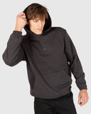 Unit Unisex Central Hoodie in Washed Black front view showing the comfortable pullover hood design spacious kangaroo pocket and bold front graphic logo print, sold by Point Break Cambridge local family surf shop at 63 Duke street.